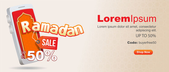 ramdan sale up to 50% sign in front of smartphone. ramadan promotional discount elegant style vector illustration 