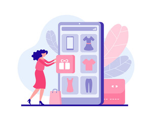 Loyalty program concept. Girl receives gift for promotional product vector flat concept. Female character picks up gift box in mobile online application. Holiday discounts and profitable sales