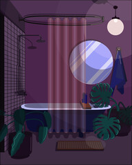 Bathroom interior at night. Simple interior with plants and subdued lights for a romantic setting. Flat vector illustration.