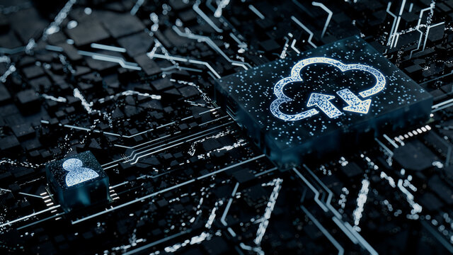 Data storage Technology Concept with cloud symbol on a Microchip. White Neon Data flows between the CPU and the User across a Futuristic Motherboard. 3D render.