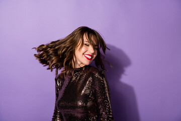 Portrait of charming dreamy cheerful girl having fun dancing night club nightlife isolated over...