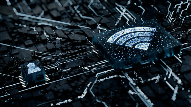 Wireless Technology Concept with wifi symbol on a Microchip. White Neon Data flows between the CPU and the User across a Futuristic Motherboard. 3D render.
