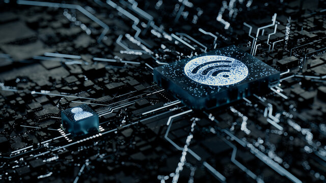 Wireless Technology Concept with wifi symbol on a Microchip. White Neon Data flows between the CPU and the User across a Futuristic Motherboard. 3D render.
