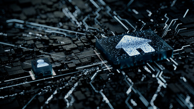 Internet Technology Concept with home symbol on a Microchip. White Neon Data flows between the CPU and the User across a Futuristic Motherboard. 3D render.