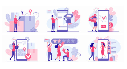People shopping online app vector flat illustration. Male character uses web bot to select desired product. Girl tries on dress in mobile application. Satisfied buyers rate marketing rating