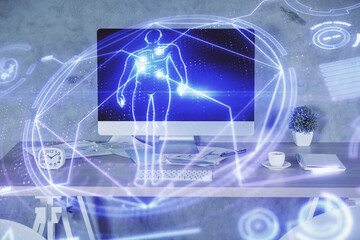 Double exposure of education theme drawing and office interior background. Concept of science.