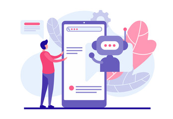 Chatbot concept. Buyer selects product using web bot application concept. Male character reads list online services in smartphone offered to by chatbot program. Successful assistant