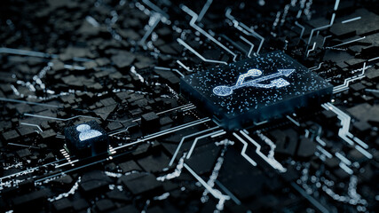 Interface Technology Concept with usb symbol on a Microchip. White Neon Data flows between the CPU and the User across a Futuristic Motherboard. 3D render.