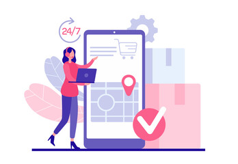 Technical support 24 7. Noctidial customer support concept. Female character operator with headphones and laptop accepts order specifies client address. Fast shopping delivery in mobile app
