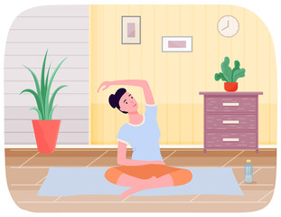 Fototapeta premium Meditation practice and body work. Girl doing stretching exercise and exercising yoga at home