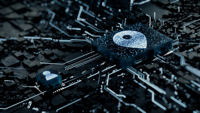 Location Technology Concept with map pin symbol on a Microchip. White Neon Data flows between the CPU and the User across a Futuristic Motherboard. 3D render.