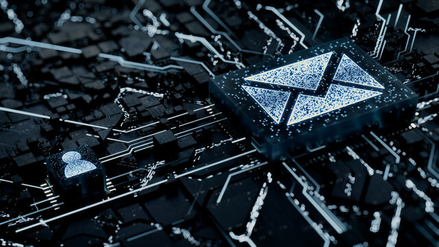 Email Technology Concept with Envelope symbol on a Microchip. White Neon Data flows between the CPU and the User across a Futuristic Motherboard. 3D render.