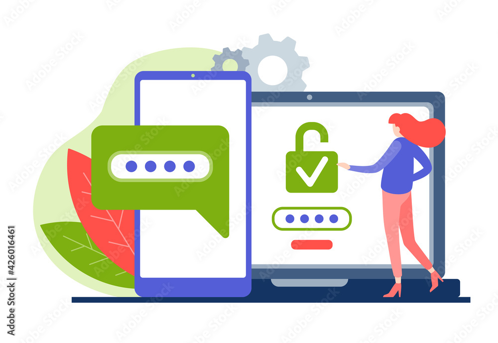 Poster access to personal account via mobile app vector flat concept. female character visits her private w
