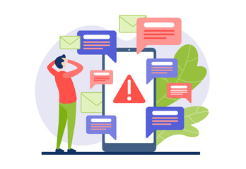 Man terrified of internet spam vector flat concept. Male character holding his head from number viral messages in smartphone. Broken antivirus firewall and no cybersecurity mobile app.