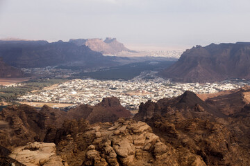 View towards Al Ula, an oasis in the middle of the mountainous landscape of Saudi Arabia - 426017045