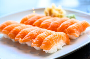 Fresh sushi nigiri with wasabi and ginger