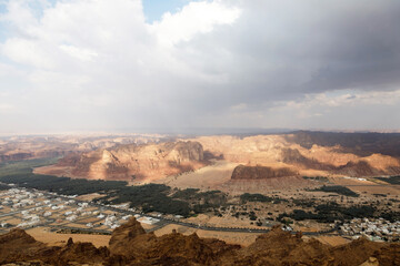 View towards Al Ula, an oasis in the middle of the mountainous landscape of Saudi Arabia - 426017099