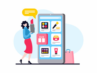 Female cartoon character beauty blogger making review for cosmetics. Woman holding lipstick standing near smartphone with cosmetic products on screen. Flat vector illustration