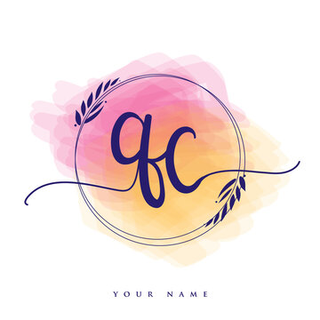 QC Initial handwriting logo. Hand lettering Initials logo branding, Feminine and luxury logo design isolated on colorful watercolor background.