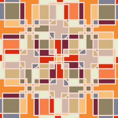 Seamless pattern. An abstract texture based on right angles and arcs. Red, orange, gray, green, khaki, yellow, blue.