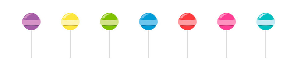 Set of colorful sweet lollipops. Round candies on a stick. Delicious and appetizing. Vector illustration.