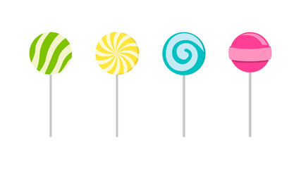 Set of colorful sweet lollipops. Round candies on a stick. Delicious and appetizing. Vector illustration.
