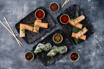 Fototapeta na wymiar Crispy Chinese Traditional Spring rolls food on set