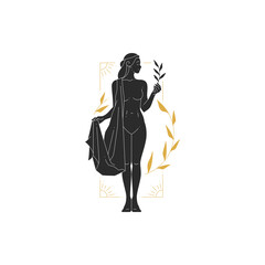 Beautiful bohemian woman goddess with branch and leaves silhouette