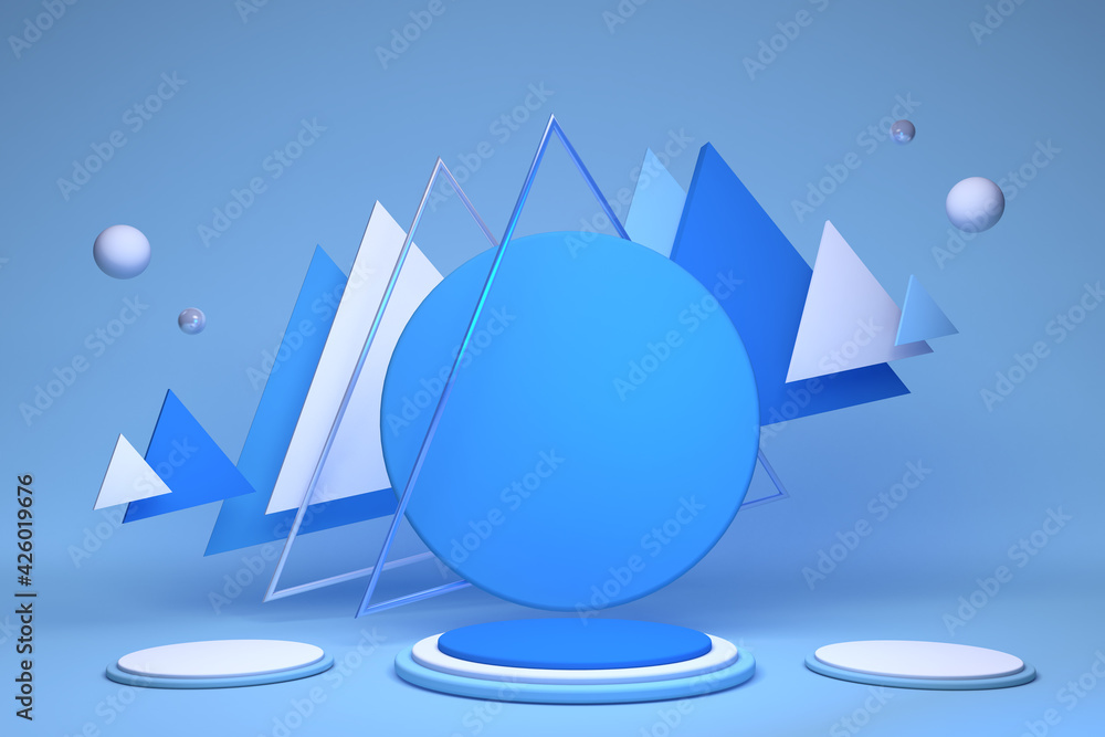 Poster 3d blue podium background texture in pastel colors. abstract geometric shapes with triangle and sphe