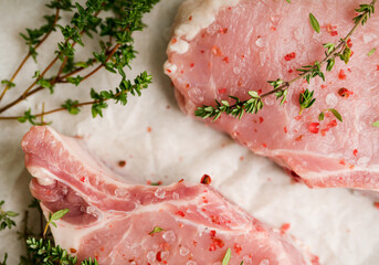Raw pork meat with thyme and spices on the rustic background. Selective focus. Shallow depth of field. 