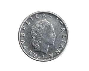 Italy fifty lira coin on white isolated background