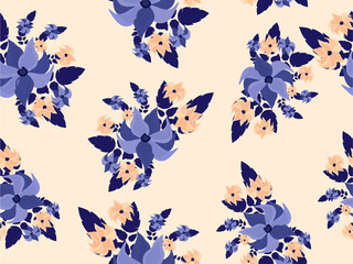 Fototapeta na wymiar Background Pattern Of Flowers And Leaves Seamless In Blue And Pastel Orange Color.