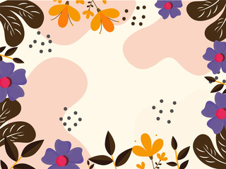 Colorful Flowers With Leaves Decorated Border On Background And Space For Text.