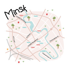 Fototapeta na wymiar Minsk map with streets, museums and theaters. Cute simple vector illustration