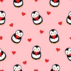 Seamless Pattern with Cute Cartoon Penguin and Heart Design on Pink Background