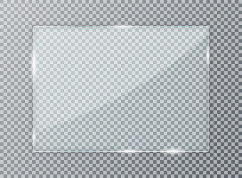 Glass plate on transparent background. Acrylic and glass texture with glares, light and reflection. Realistic transparent glass window in rectangle frame. Vector
