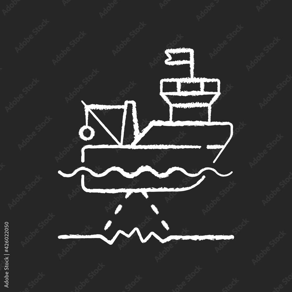 Poster seafloor mapping chalk white icon on black background. pulsing seafloor with series of soundings. re