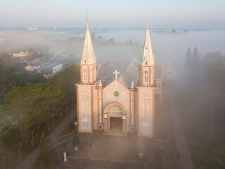 Fototapeta na wymiar TanHoa church in misty morning, BaoLoc, VietNam.