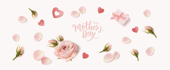 Holiday design template with realistic pink rose, bud, petal and gift box for Mothers day or wedding decoraion. Happy Mother's day greeting lettering text. Vecto stock illustration
