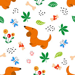 Seamless flat pattern in scandinavian style with cute dachshund, bones, flowers, butterflies. Pattern, flyer, congratulation, invitation, banner, card, web, packaging, paper, textile, wallpaper
