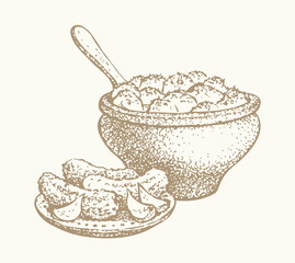 Vector still life. Traditional Slavic food: potatoes in a clay pot