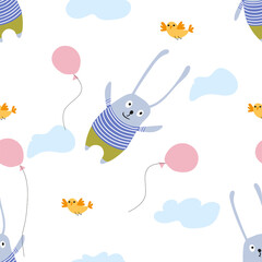 Cute happy bunny is flying in a balloon with birds and clouds. Hand-drawn children's seamless pattern. Scandinavian style. Wallpaper, packaging, wrapping paper, textiles.