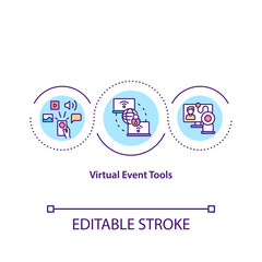 Fototapeta premium Virtual event tools concept icon. VE platform idea thin line illustration. Live streaming services. Real-time interaction. Mobile apps. Vector isolated outline RGB color drawing. Editable stroke