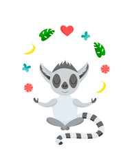 Funny grey lemur meditates in the lotus position and juggles. Cute baby animal in cartoon style. Levitation during yoga. Vector illustration, isolated color elements on a white background