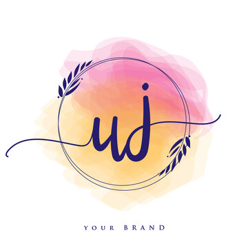 UJ Initial handwriting logo. Hand lettering Initials logo branding, Feminine and luxury logo design isolated on colorful watercolor background.