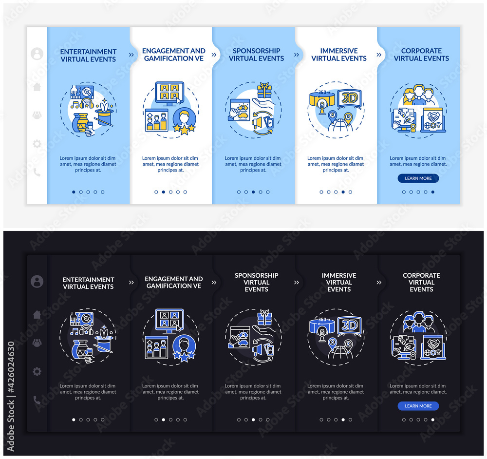 Poster online gathering kinds onboarding vector template. responsive mobile website with icons. web page wa