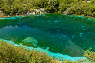 Fototapeta na wymiar blue bottom at a depth of Lago di Cornino, Italy