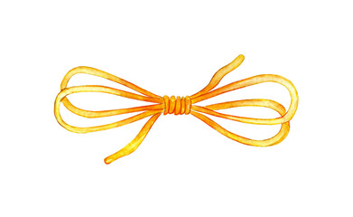 Obraz na płótnie Canvas Watercolor illustration of a yellow thread tied in a bow. Woolen thread for knitting. The rest of the thread is tied in a knot. Rope bow. Needlework, creativity, knitting. Isolated on white background