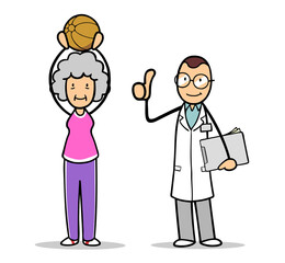 Cartoon Arzt unterstützt Frau bei Seniorenturnen mit Medizinball