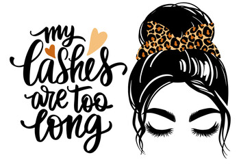 Messy hair bun with leopard bandana, vector woman silhouette. Beautiful girl drawing illustration and fashion quote